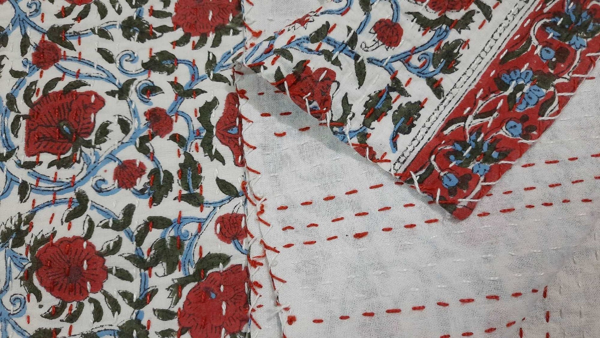 Hand Block Printed Kantha Quilt: Artisan Craftsmanship at Its Finest - Indianidhi