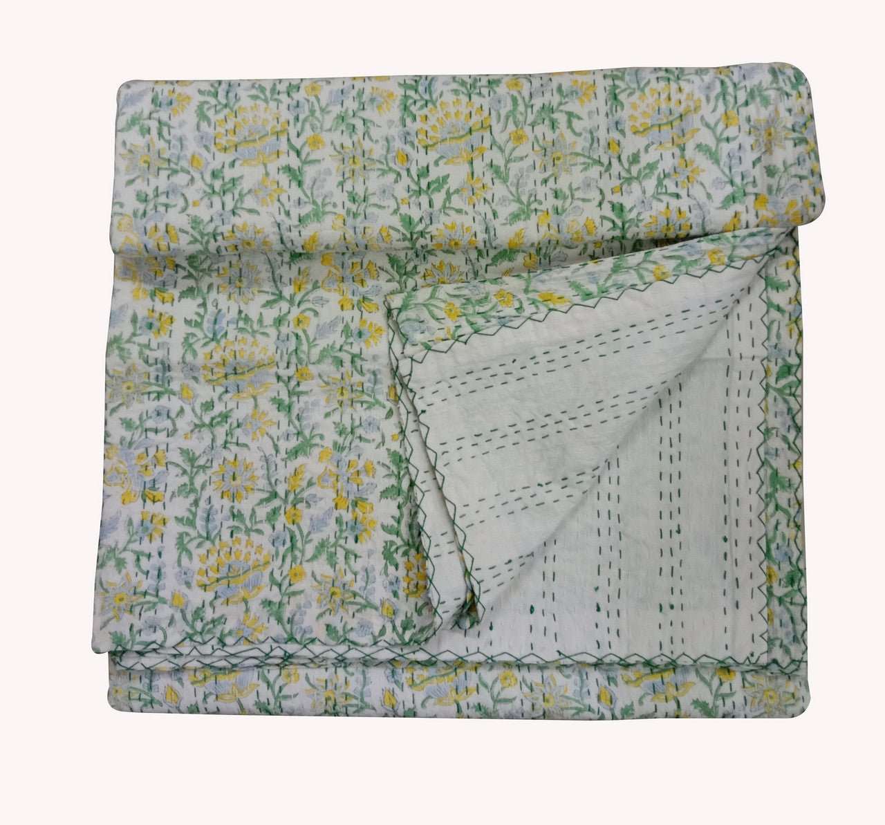 Hand Block Printed Kantha Quilt: Artisan Craftsmanship at Its Finest - Indianidhi