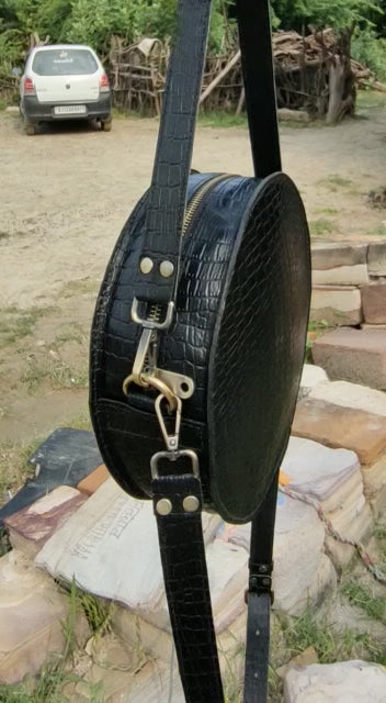 Kutch Leather Sling bag - Rattan style round bag